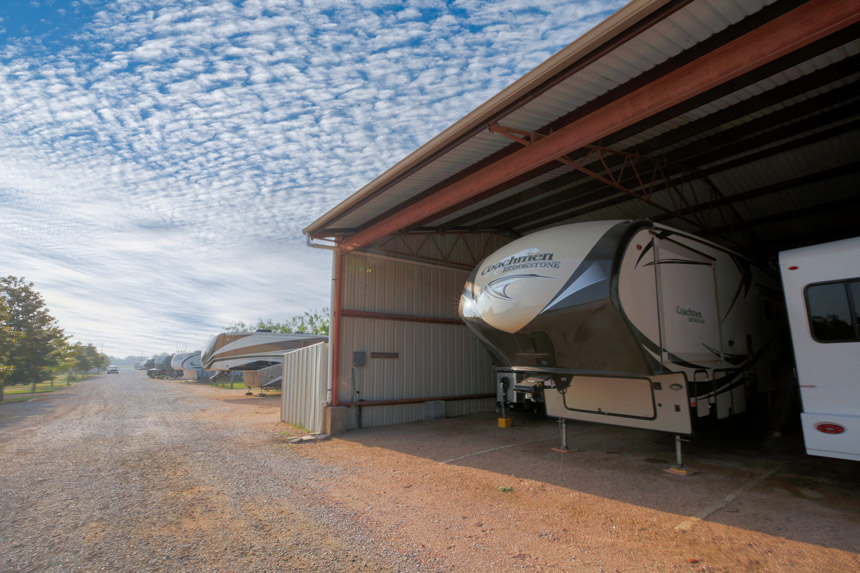 Covered RV storage facility near Austin, TX, providing secure and spacious storage options for recreational vehicles