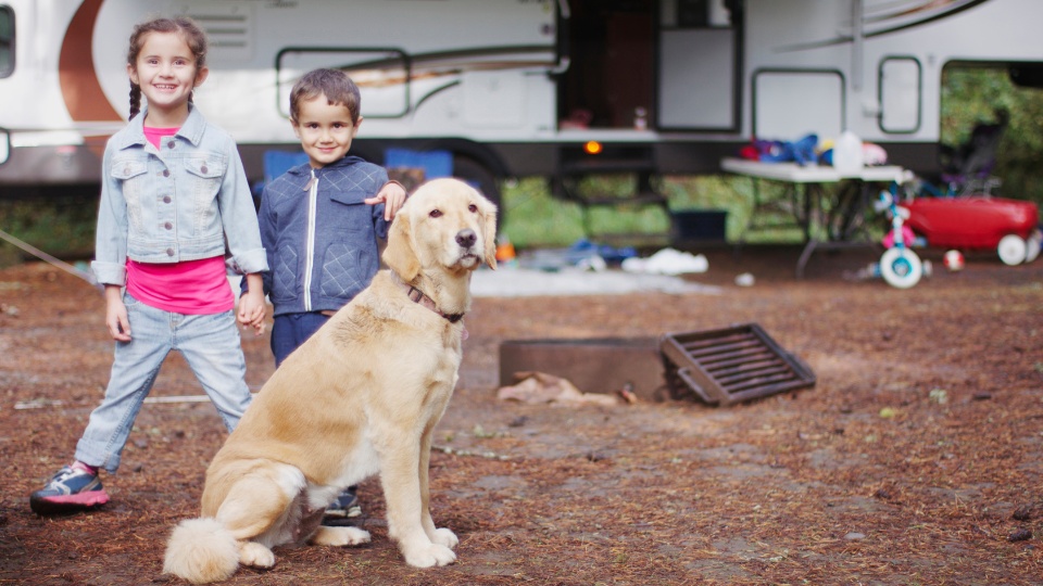 Happy children with a dog in front of their family's RV in a wooded rv campground area