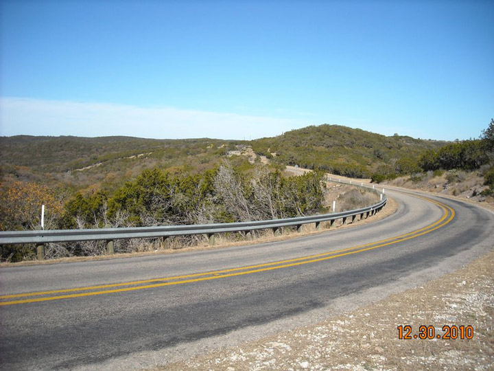 Twisting road through Texas Hill Country, part of the famous Twisted Sisters motorcycle route