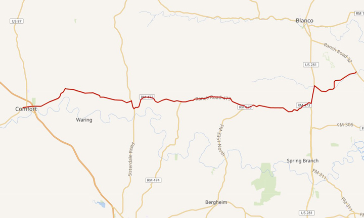 Map showing FM 473 route from Comfort to Blanco, Texas, a scenic drive through Hill Country popular with motorcyclists