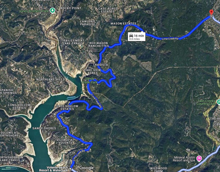 Detailed map of Lime Creek Road's path through Texas Hill Country, a favored scenic route for RVing motorcyclists