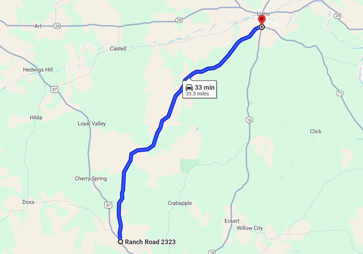 Map showing the route from Ranch Road 2323 to Llano in Texas Hill Country, popular for scenic motorcycle rides