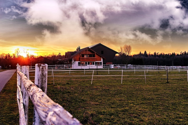 Rustic farmhouse and barn in a tranquil countryside setting, ideal for a peaceful farm stay experience