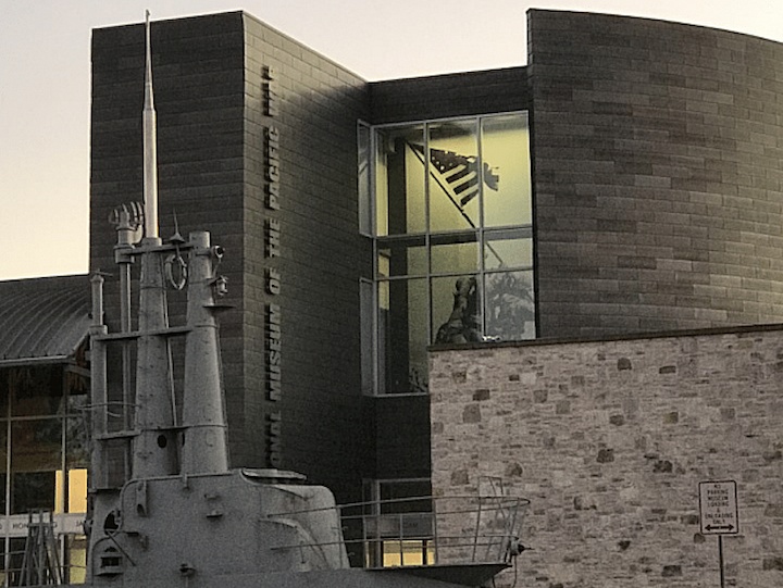 Exterior view of the National Museum of the Pacific War in Fredericksburg, Texas, featuring a submarine exhibit