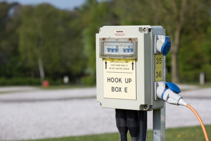 An RV electric hookup station, showing essential utilities for long-term RVers