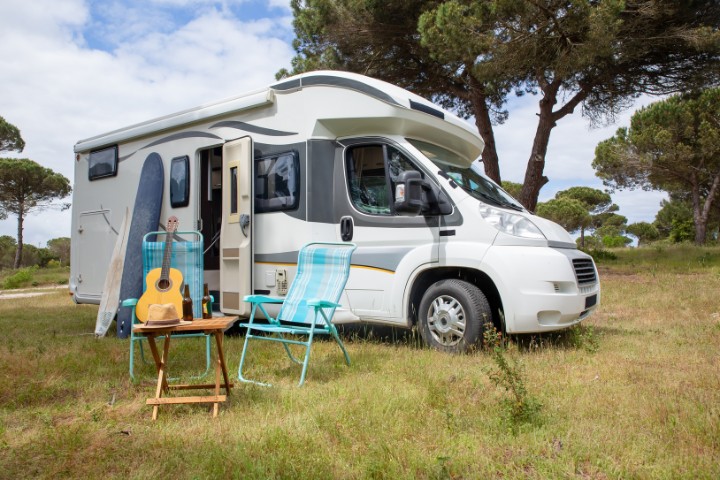 RV parked in a quiet countryside location, ideal for long-term stays