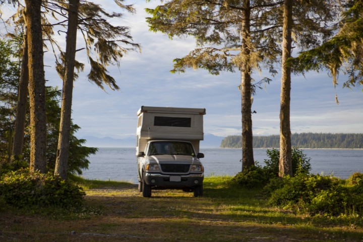 RV parked near a scenic lake, ideal for a peaceful RV camping getaway