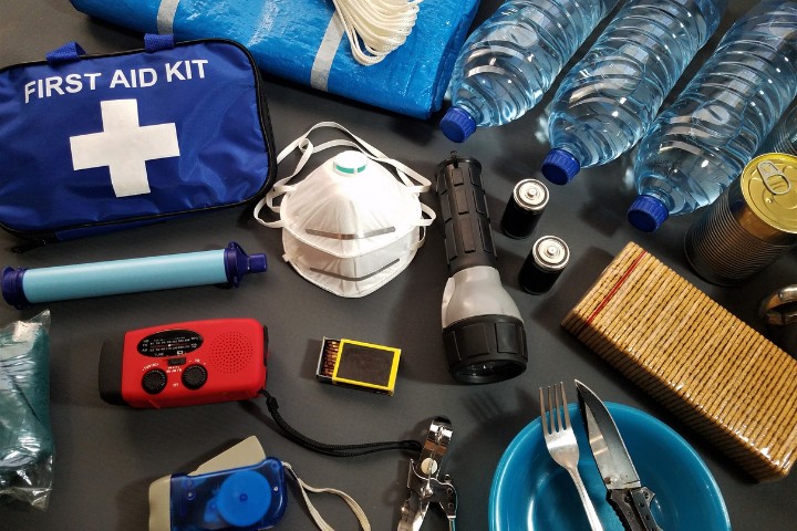 Comprehensive emergency kit for RV camping, including first aid, water, and survival gear