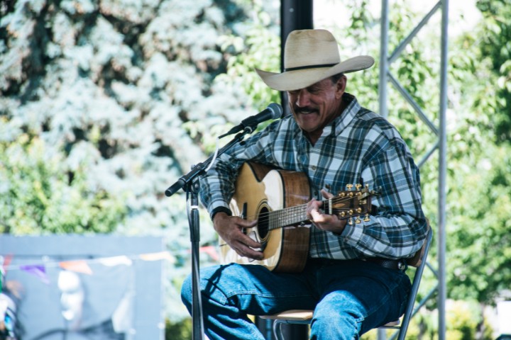 Cowboy musician performing acoustic blues at Luckenbach festival near Fredericksburg, Texas