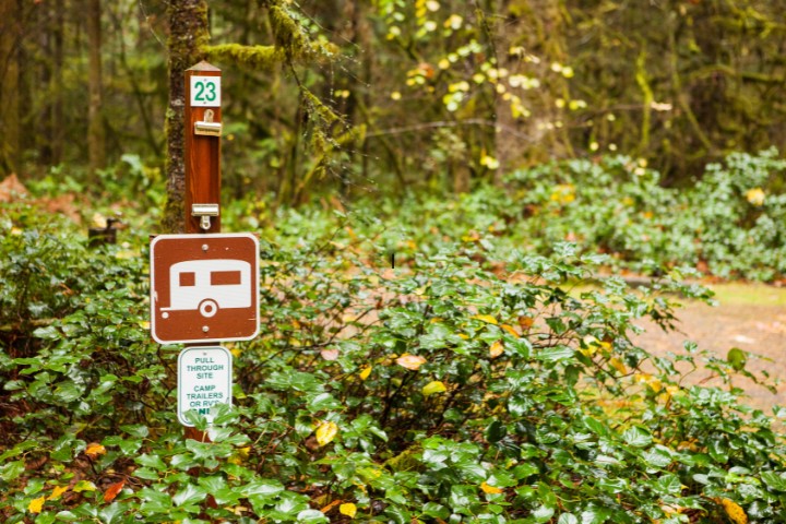 RV campsite sign marking pull-through trailer site near Blanco, Texas
