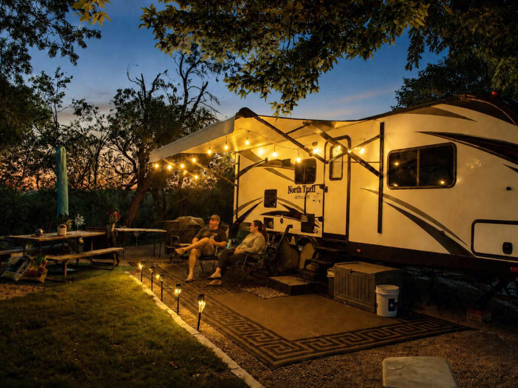 Long term RV living campsite at dusk
