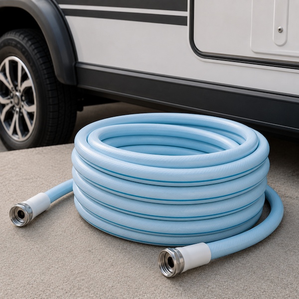 Coiled light blue drinking water safe hose with metal fittings beside an RV trailer