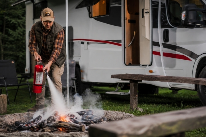 Using a fire extinguisher to extinguish a campfire before leaving an RV campsite