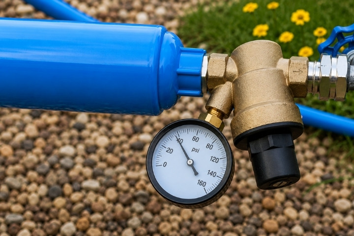 Adjustable water pressure regulator connected to an RV fresh water system and RV park hookup