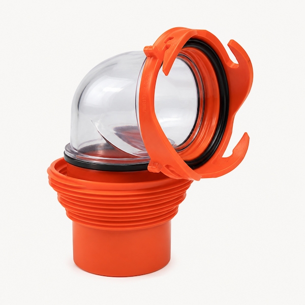 Clear elbow with orange 4-in-1 RV dump station adapter and black sealing rings