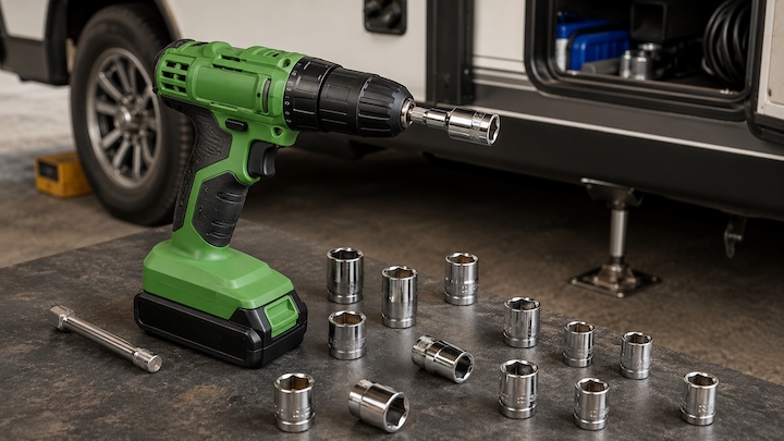 Green cordless drill with socket adapter and assorted sockets for RV maintenance