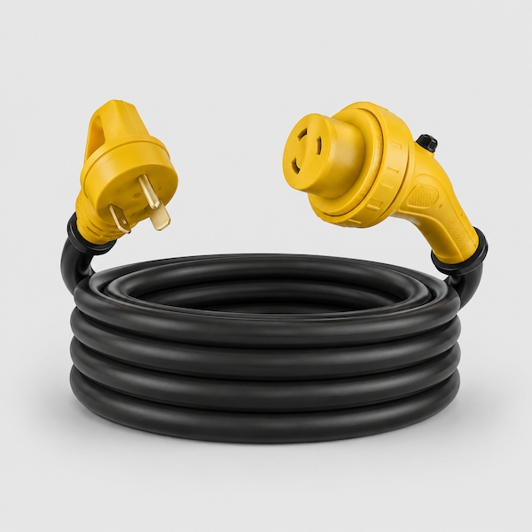 Coiled heavy-duty RV electrical cord with black cable and yellow connector heads