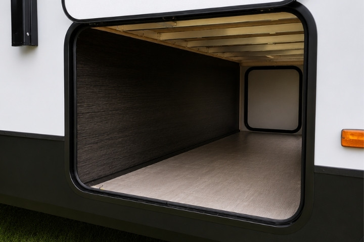 Large pass-through storage compartment inside a travel trailer for organizing camping equipment