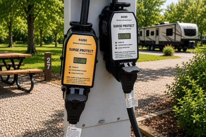 Portable RV surge protectors connected between a campground electrical pedestal and an RV power cord