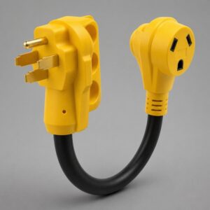 Heavy-duty yellow RV power adapter cord with male plug and female outlet connector