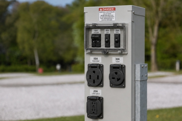 RV electrical pedestal showing amperage and voltage labels