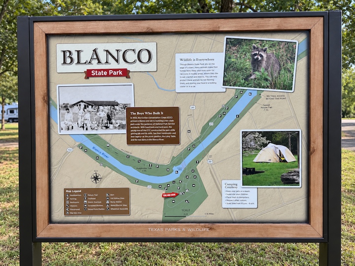 Blanco State Park informational map showing trails, campsites, and facilities