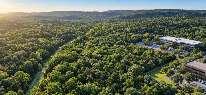 Aerial view of Barton Creek Greenbelt on a spring morning