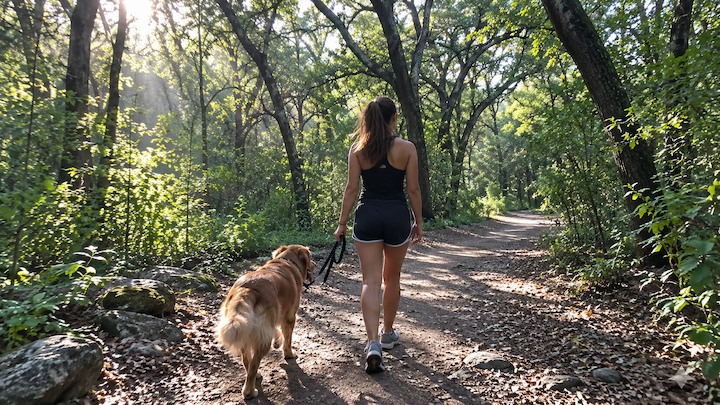 Young woman walking her dog at Barton Creek Greenbelt Trailhead